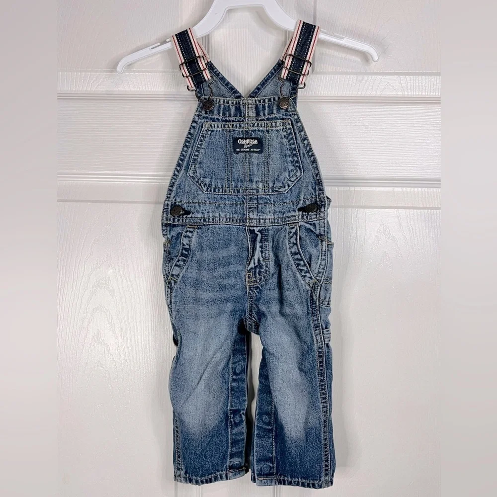 OshKosh B'Gosh Boys Vestbak Bib Overalls Blue Denim Nautical - Sz 9-12M
